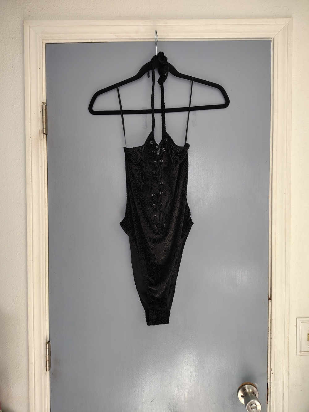 Killstar Black Velvet Halter Lace-Up Bodysuit